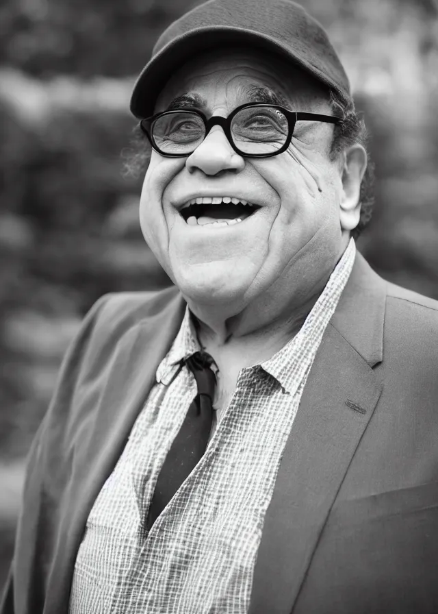 Prompt: photo of danny devito but he's really really tall, 8 5 mm f / 1. 8, bokeh, backlit