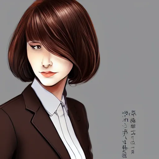 Prompt: woman in business suit, brown neat hair, animesque, pixiv, fanbox, trending on artstation, portrait, modern, sleek, highly detailed, formal, serious, determined, competent, colorized, smooth, charming, pretty, safe for work, law office