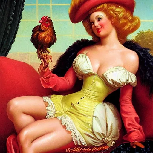 Prompt: chicken by greg hildebrandt fancy rococo baroque oil painting high quality clothed in fancy garb in pin up style