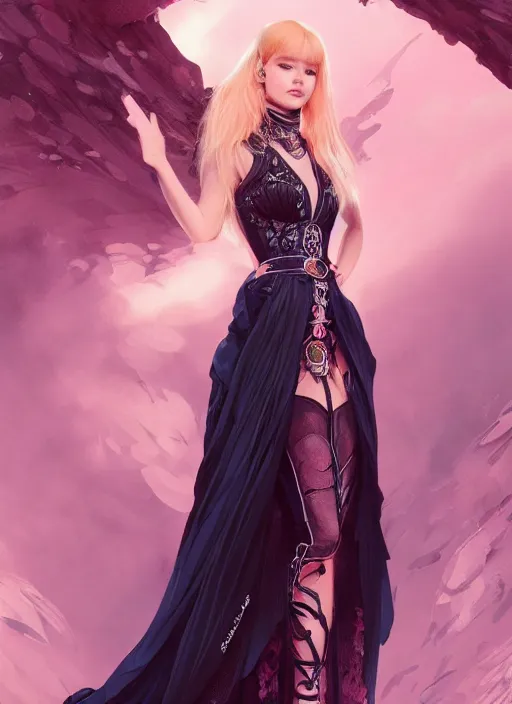 Image similar to jossi of blackpink, wearing a semi transparent dress, m, deep focus, d & d, fantasy, intricate, elegant, highly detailed, digital painting, artstation, concept art, matte, sharp focus, illustration, hearthstone, art by artgerm and greg rutkowski and alphonse mucha