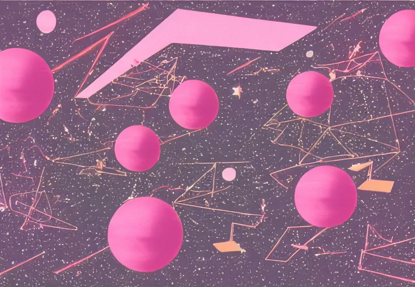 Prompt: 1990s grainy print of an illustration of celestial intersecting translucent pink spheres cubes and pyramids floating in space, dusty, with flying business people wearing suits and briefcases