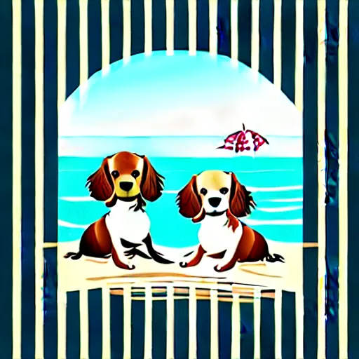 Image similar to two cute brown spaniel swimming by the seaside, parasols, bright towels, geometric, pop, sketch, artwork,lines