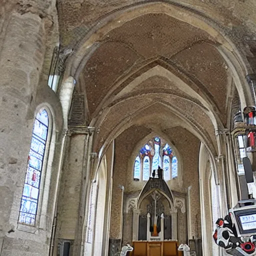 Prompt: Un robot prie dans une église en ruine