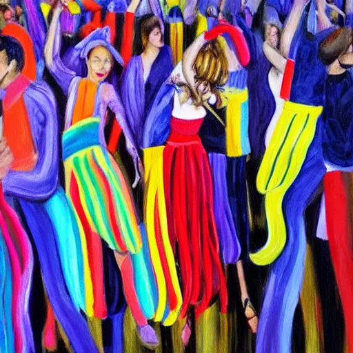 Prompt: painting people dancing wrapped up in ribbons of color