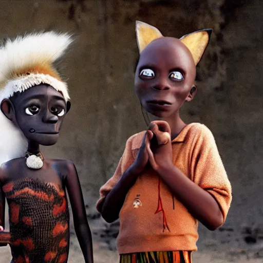 Image similar to a small african boy and a girl in a fox costume, movie still from'tank girl ', afrofuturism, by jamie hewlett and sawoozer and roger ballen,