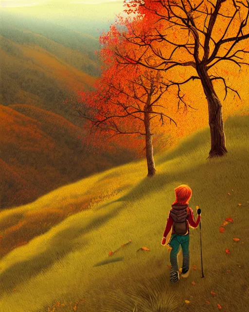 Image similar to autumn hillside boy hiking illustration detailed, by quentin mabille