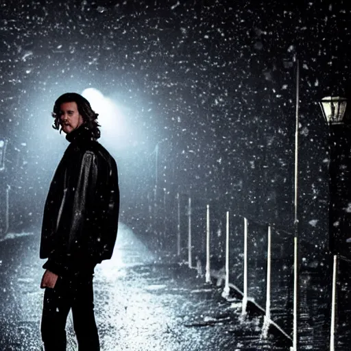 Image similar to movie shot of young man from back pacing lowering head dressed in short leather bomber jacket to empty narrow alley with street lamps in park with pines to the horizon, with hands in pockets, snowfall at night, mullet long haircut, black hairs, cinematic, dramatic, detailed, realistic, movie shot, low lighting