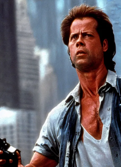 Prompt: film still of Sigourney Weaver as John McClane in Die Hard, 4k