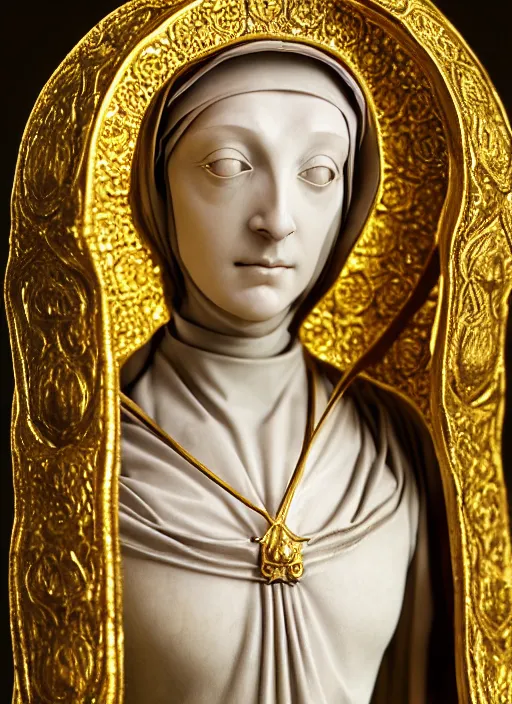 Prompt: a medieval female nun, elegant, filigree renaissance sculpture from gold and marble, brilliant symmetry, created by verrocchio andrea, leonardo da vinci, sandro botticelli, raffaelle monti, epic 7 0 mm lens shot, artstation trending, photorealism, sharp focus, smooth, establishing shot, sense of awe