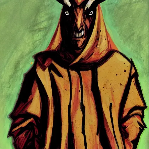 Image similar to A demonic goat man wearing a hood, art by Trevor Henderson