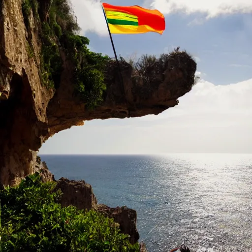 Image similar to photo of a spanish galleon in front of a jamaican shoreline cliff with a cave