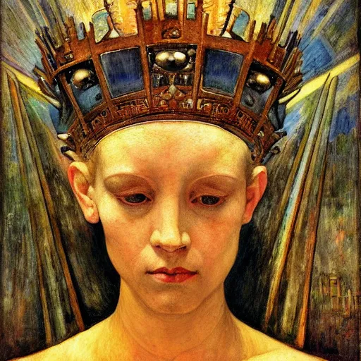 Image similar to the android in her iron crown, by Annie Swynnerton and Diego Rivera, symbolist, dramatic lighting, elaborate geometric ornament, Art Brut ,god rays, soft cool colors,smooth, sharp focus, extremely detailed, Adolf Wölfli