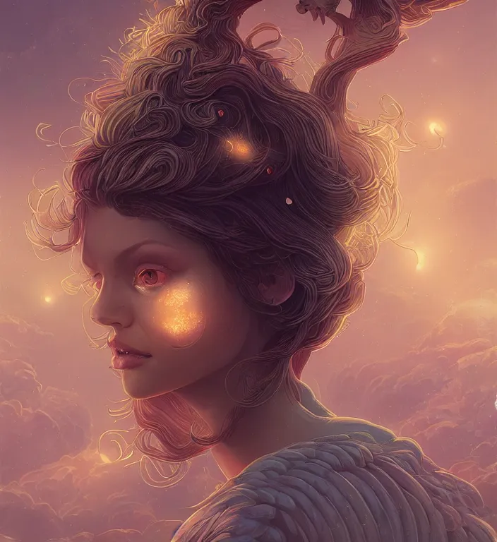 Image similar to centered waist up portrait photography an angel + bokeh + DOF + 8k, photorealistic + rendered in octane + illustration by Peter Mohrbacher, line work by Dan Mumford