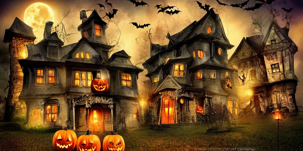 Image similar to halloween, trick or treat, monster house, poster, 3 d, studio lighting, digital art