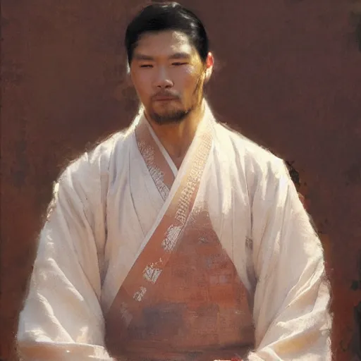 Image similar to a man wearing hanfu, muscular, detailed face, correct face, painting by Gaston Bussiere, Craig Mullins