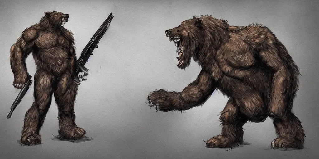 Image similar to Full body concept art of A High fantasy WW1 bear beast-man firing a enchanted heavy shotgun trending on artstation deviantart Pinterest detailed High Resolution HD 8k