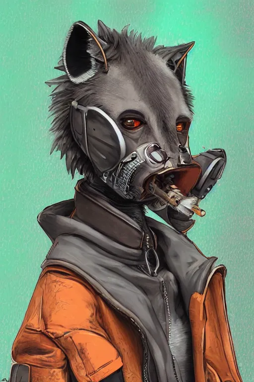 Image similar to digital painting of anthromorphic hyena female smoking cigarrete in cyberpunk style, fursona, furry fandom, neon rainy cyberpunk setting, anthro, wearing cyberpunk leather jacket, detailed face,