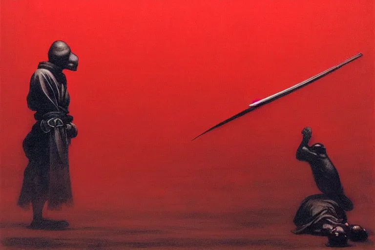 Image similar to only with red, a red samurai harakiri, tokio, a lot of frogs watch, in the style of beksinski, parts by edward hopper, parts by rodcenko, parts by yue minjun, intricate and epic composition, red by caravaggio, insanely quality, highly detailed, masterpiece, red light, artstation, 4 k