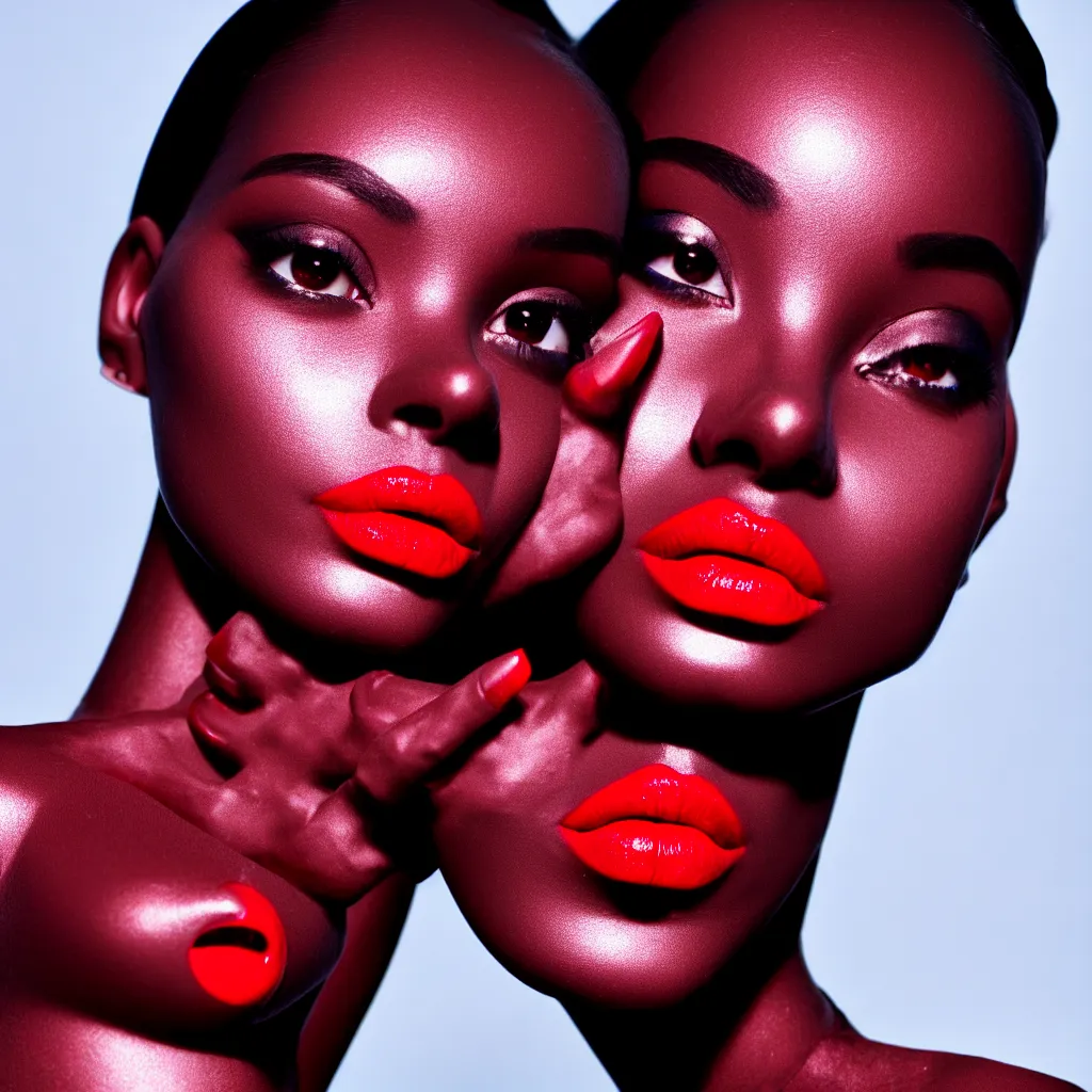 Image similar to medium shot, photograph of alluring dark skin female robot looking into camera, red lipstick, sharp focus,, chromatic abberations, as fashion editorial 9 0 s