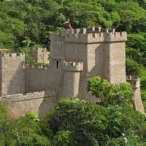 Prompt: a medieval fortress hidden in the jungle, in the style of bob clampett,