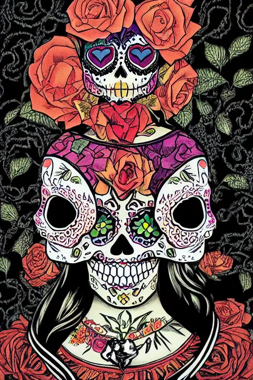 Prompt: Illustration of a sugar skull day of the dead girl, art by hal foster