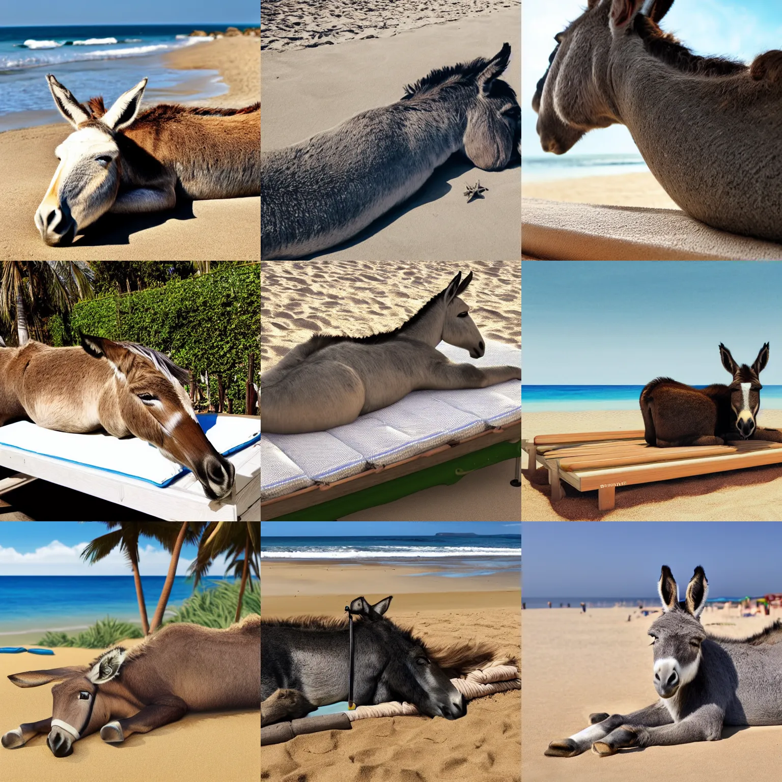 Image similar to A donkey lying on a sunbed near the beach, photorealistic