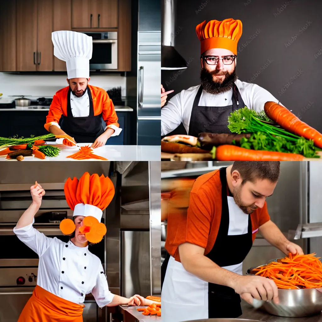 Prompt: Carrot wearing a chef hat working in kitchen