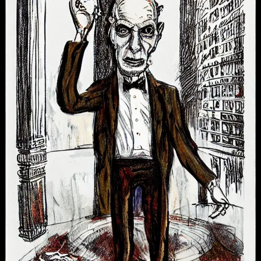 Image similar to Jacob Rothschild full body shot, dollar bills Body horror, biopunk, by Ralph Steadman, Francis Bacon, Hunter S Thompson