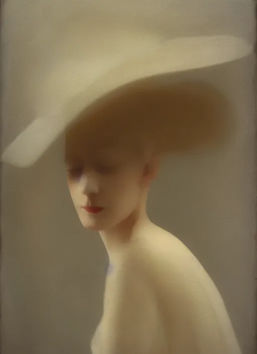 Prompt: small nose!!!! out of focus photorealistic portrait of a beautiful pale young woman by sarah moon, very blurry, translucent white skin, closed eyes, foggy, closeup, with a weird hat