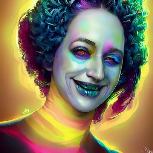 Image similar to hyperdetailed portrait of kristen schaal as delirium of the endless, colourful make up, the sandman, made by caravaggio stanley artgerm lau wlop rossdraws artstation cgsociety concept art cgsociety octane render