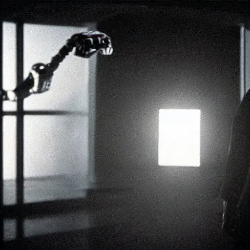 Prompt: movie scene of a man with a robot head, menacing, movie still, cinematic composition, cinematic light, criterion collection, reimagined by industrial light and magic, Movie by David Lynch and Ridley Scott