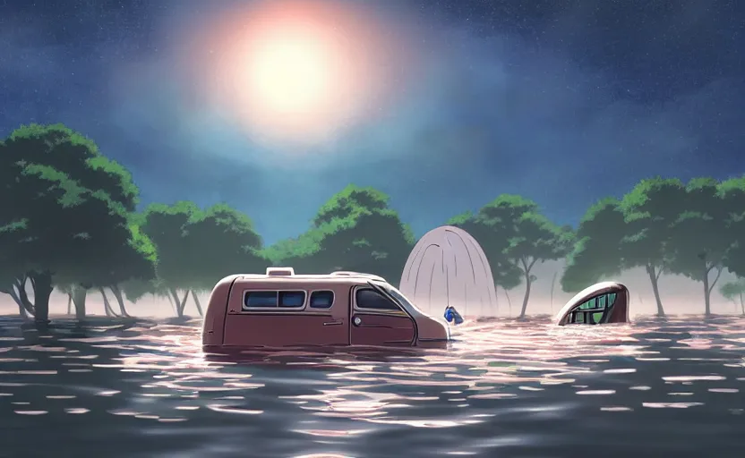 Image similar to a cell - shaded studio ghibli concept art of a ufo shining a spotlight on a caravan in a flooded stonehenge jungle on a misty starry night. very dull colors, hd, 4 k, hq