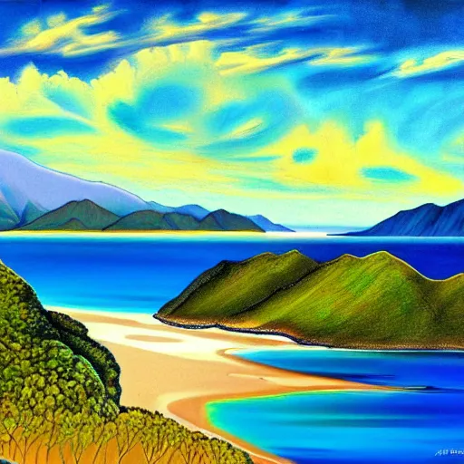 Image similar to golden bay abel tasman new zealand, highly detailed, highly detailed fantasy ethereal surrealist art