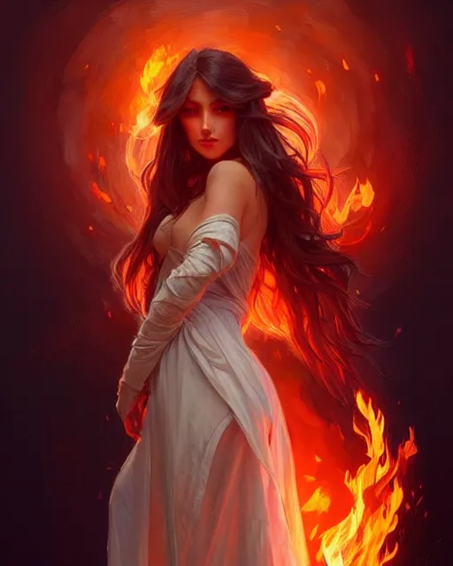 Prompt: beautiful long haired girl, fire dress, full body photo, flames everywhere, highly detailed, digital painting, artstation, concept art, smooth, sharp focus, illustration, art by artgerm and greg rutkowski and alphonse mucha