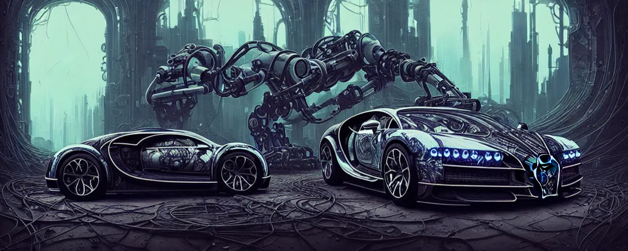 Image similar to shiny cyberpunk vehicle reminiscent of bugatti chiron with robotic enhancements parked in ancient mystic woods, gothic and baroque, brutalist architecture, ultradetailed, creepy ambiance, fog, artgerm, giger, Intricate by Ellen Jewett and Josan Gonzalez and Giuseppe Arcimboldo