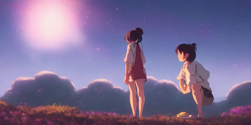 Prompt: a wholesome animation key shot of a focused girl looking at a starry sky at night, medium shot, waist up, studio Ghibli, Pixar and Disney animation, sharp, very detailed, high resolution, Rendered in Unreal Engine 5, anime key art by Greg Rutkowski, Bloom, dramatic lighting