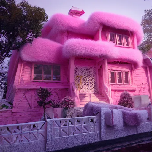 Image similar to extremly detailed house made of pink fluffy fur, photorealistic, high details, 8 k, sharp focus, octane render, volumetric light