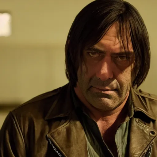 Prompt: cinematic still from the walking dead tv show with negan played by anton chigurh, smirking and holding lucile, dark