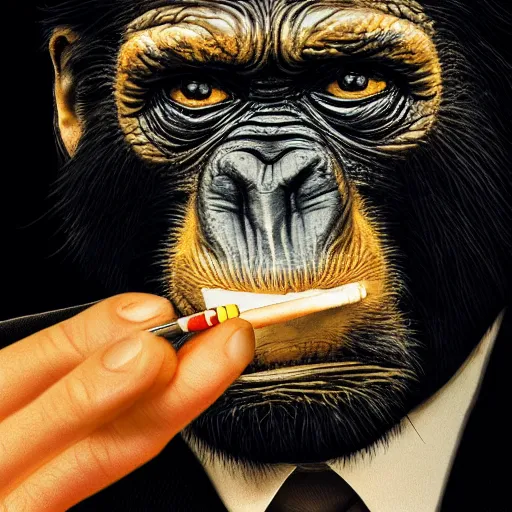 Image similar to a high detail photo of donald trump smoking a cigarrette, subject= chimp, subject detail: extremly detailed, subject action: smoking a cigar, photorealism, dramatic lighting, award winning photograph, trending on artstation