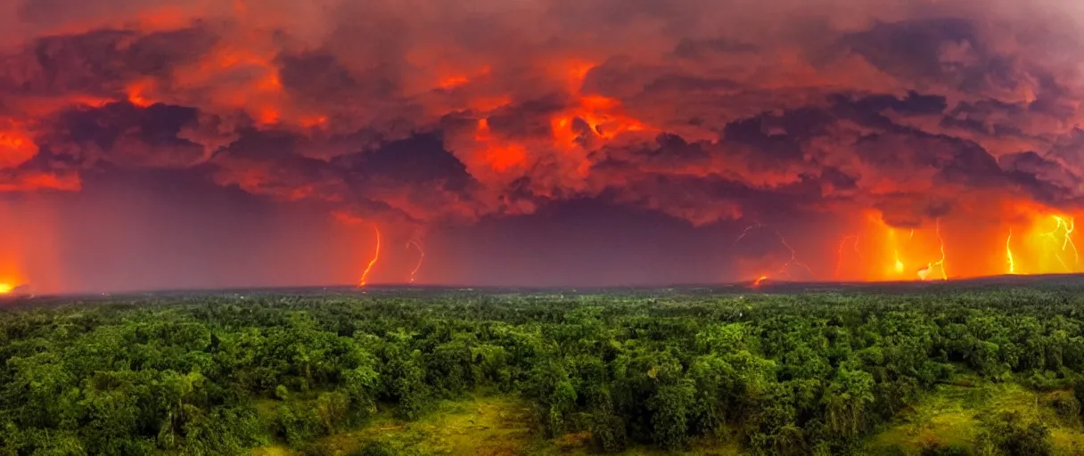 Image similar to lava flowing trough the amazone lightning clouds, sunset, mountains, 4 k, hd, explosive, colorfull