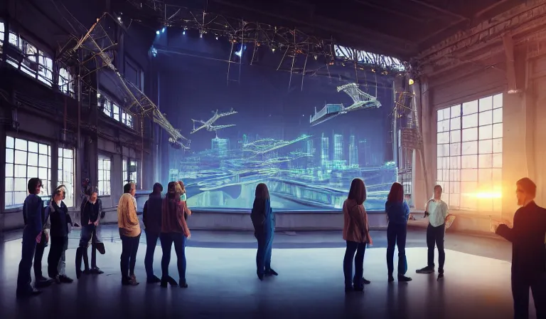 Image similar to group of people in walled warehouse, looking at hologram of futuristic city on a table, cinematic concept art, godrays, golden hour, natural sunlight, 4 k, clear details, tabletop model buildings, center model buildings, hologram center, crane shot, crane shot, crane shot