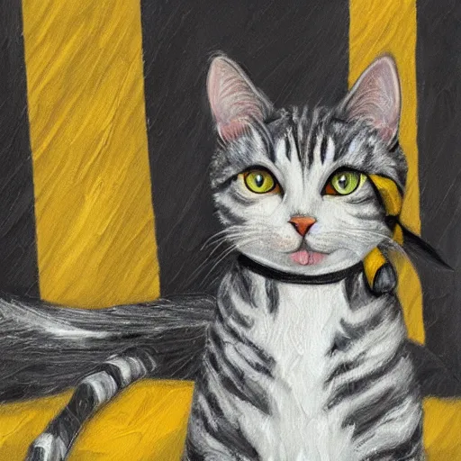 Image similar to oil painting extreme wide shot of a white and grey tabby cat wearing a black yellow striped hufflepuff scarf, in the gloucester cathedral cloisters, digital painting, high detail, award - winning, playful