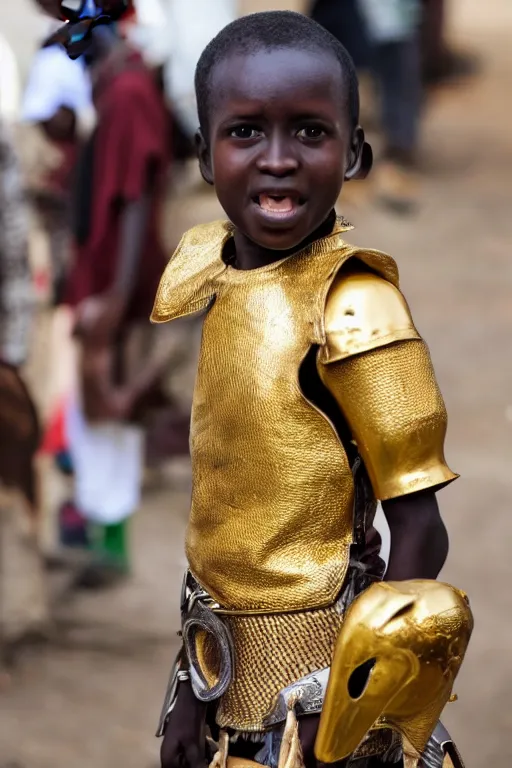 Prompt: kenyan boy dressed in golden medieval armor