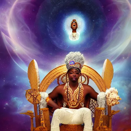 Image similar to obatala the cosmic god sitting on a throne of nebula clouds, by amanda clark, matte painting, orisha, 8k, hd