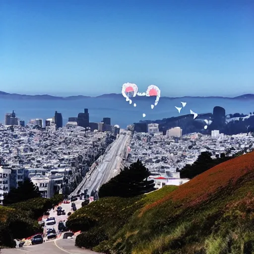 Prompt: “happy photo of twin peaks in San Francisco on a clear sunny day, surrounded by hearts in the sky”