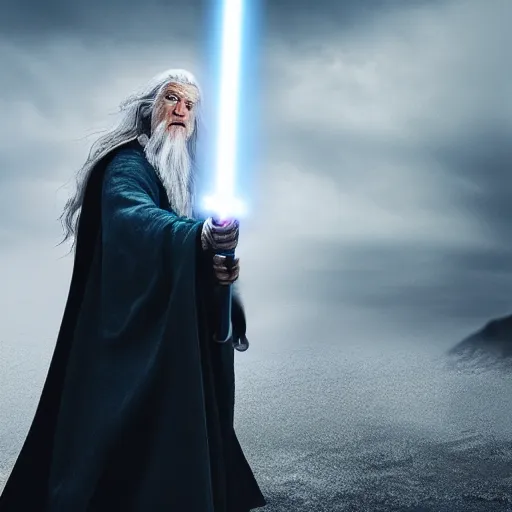 Prompt: gandalf holding a lightsaber while fighting darth vader, dramatic lighting, 4 k, digital art,