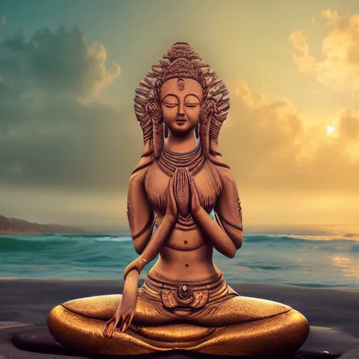 Image similar to stunning artstation style portrait painting of a mermaid bodhisattva, praying meditating prayer hands, on the beach, by the ocean, stunning sky, WLOP, 8k masterpiece, curvy, slim build, full frame shot, cinematic lighting, pristine clean design, fantasy, insanely detailed, atmospheric