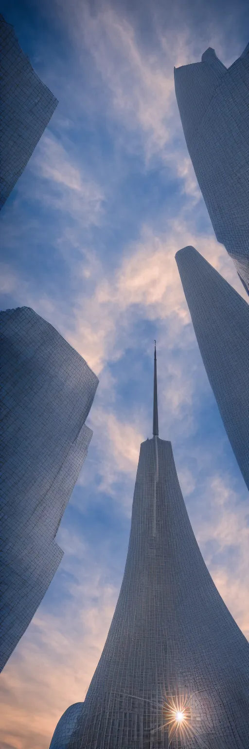 Image similar to the first 1 mile tall tower, portrait format, 18mm lens, architectural photography, futuristic, stunning volumetric light sunset