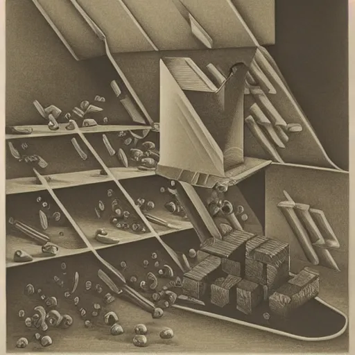 Prompt: the glass bead game, M. C. Escher mezzotint