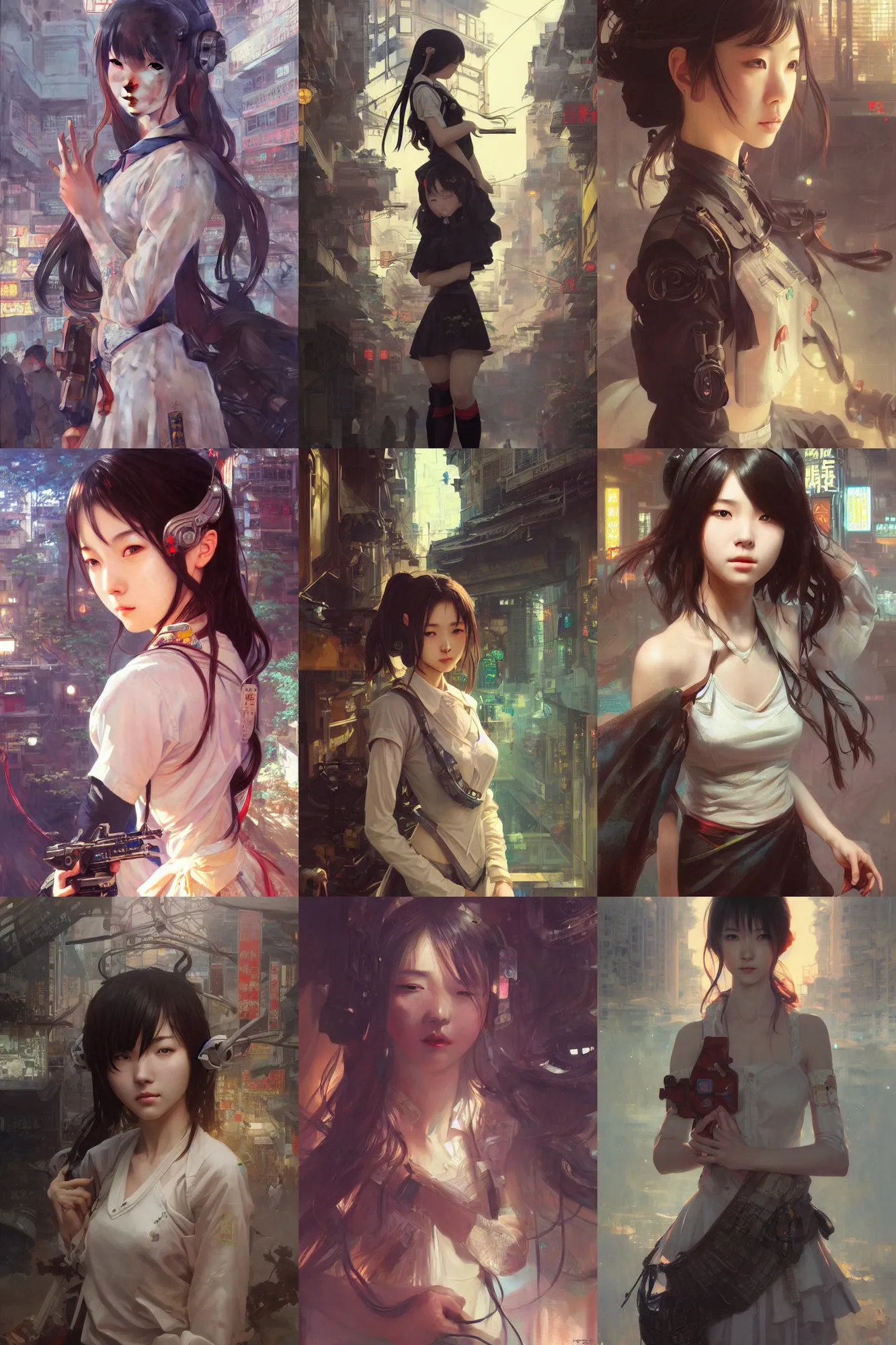 Prompt: ultra realistic beautiful kowloon techno art, beautiful alluring anime schoolgirl, gorgeous face and figure, sci - fi, intricate, elegant, highly detailed, digital painting, artstation, concept art, smooth, sharp focus, illustration, art by tian zi and yuxiang chen and alphonse mucha and greg rutkowski